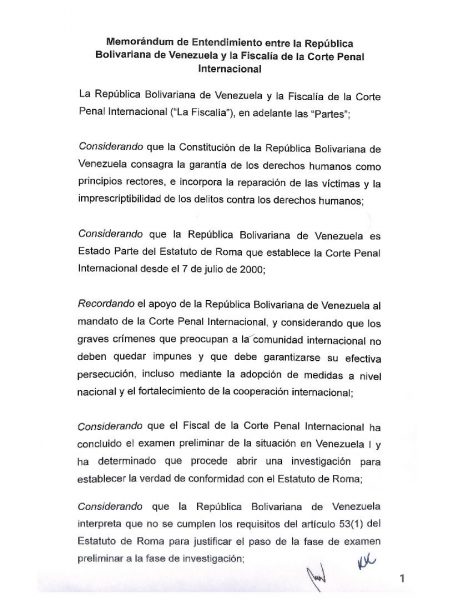 Venezuela y Fiscalía de la CPI firman memorándum de entendimiento 