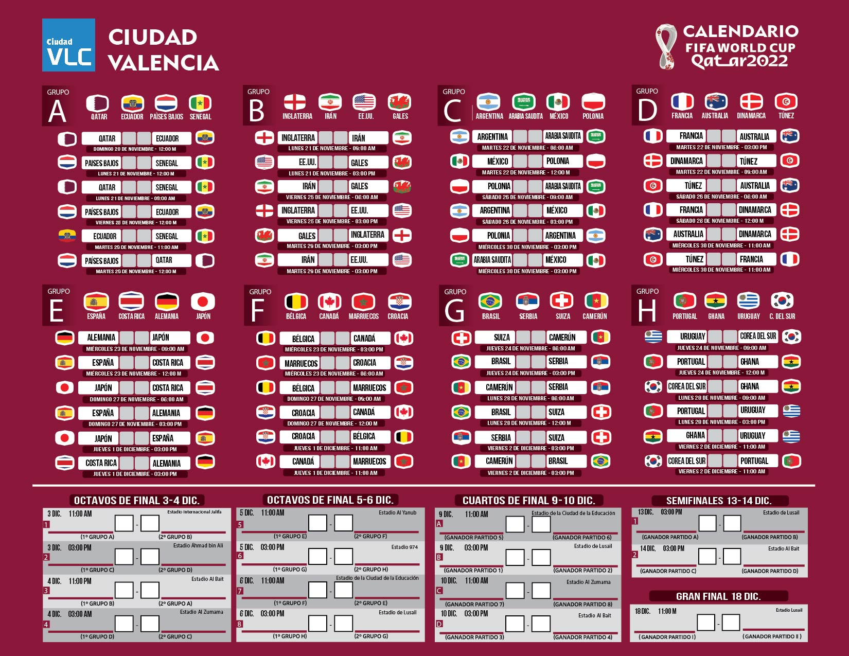 calendario del mundial Qatar 2022