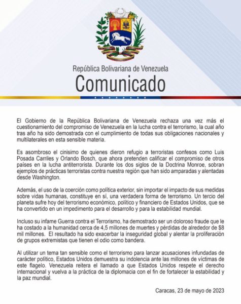 Venezuela rechaza cuestionamiento del compromiso en la lucha contra el terrorismo