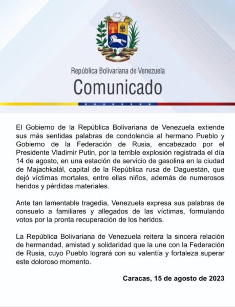 El Gobierno Bolivariano de Venezuela, a través de un comunicado oficial, extiende sus más sentidas palabras de condolencias al hermano pueblo y Gobierno de la Federación de Rusia