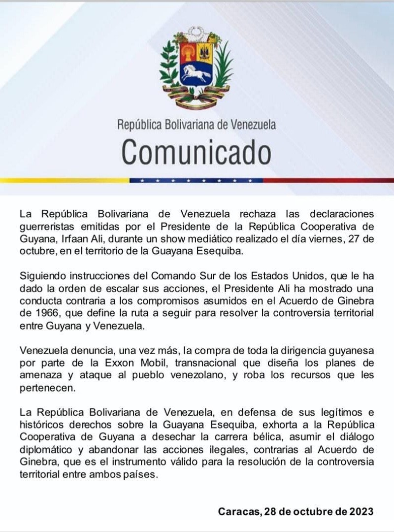 comunicado declaraciones guerreristas presidente de Guyana