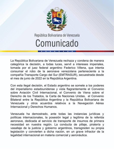 Venezuela rechaza intento de consumar robo de aeronave secuestrada en Argentina