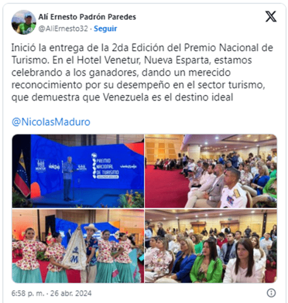 La segunda edición del Premio Nacional del Turismo, se llevó a cabo en el estado Nueva Esparta, en el Hotel Venetur, destacando los esfuerzos del Gobierno venezolano por diversificar la economía más allá de la renta petrolera.