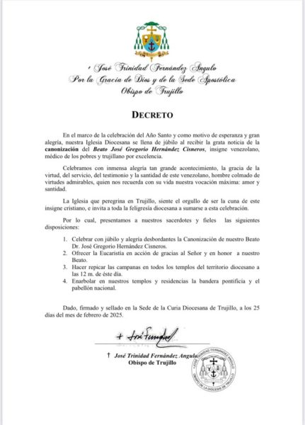 Iglesia venezolana celebrar canonización de José Gregorio Hernández
