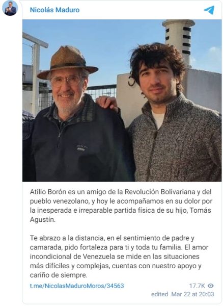Atilio Borón y su hijo Tomás Agustín-fallecimiento-presidente maduro-condolencias