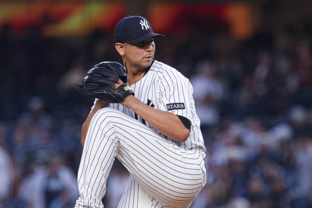 MLB: Arizona Diamondbacks at New York Yankees Apr 3, 2025; Bronx, New York, USA; New York Yankees starting pitcher Carlos Carrasco (59) delivers a pitch during the first inning against the Arizona Diamondbacks at Yankee Stadium. Mandatory Credit: Vincent Carchietta-Imagn Images