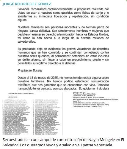 Jorge Rodríguez-carta familiares migrantes-El Salvador