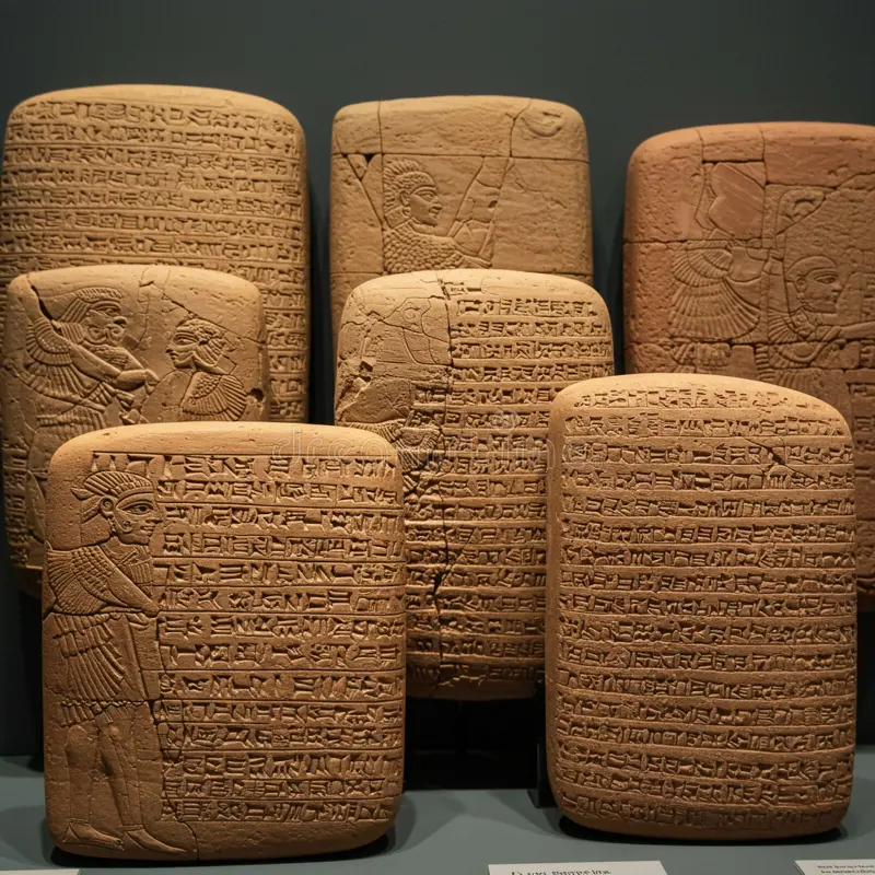 colección-de-tabletas-arcilla-antiguas-con-escritura-cuneiforme-y-grabaciones-complicadas-que-representan-figuras-humanas-el-377770279
