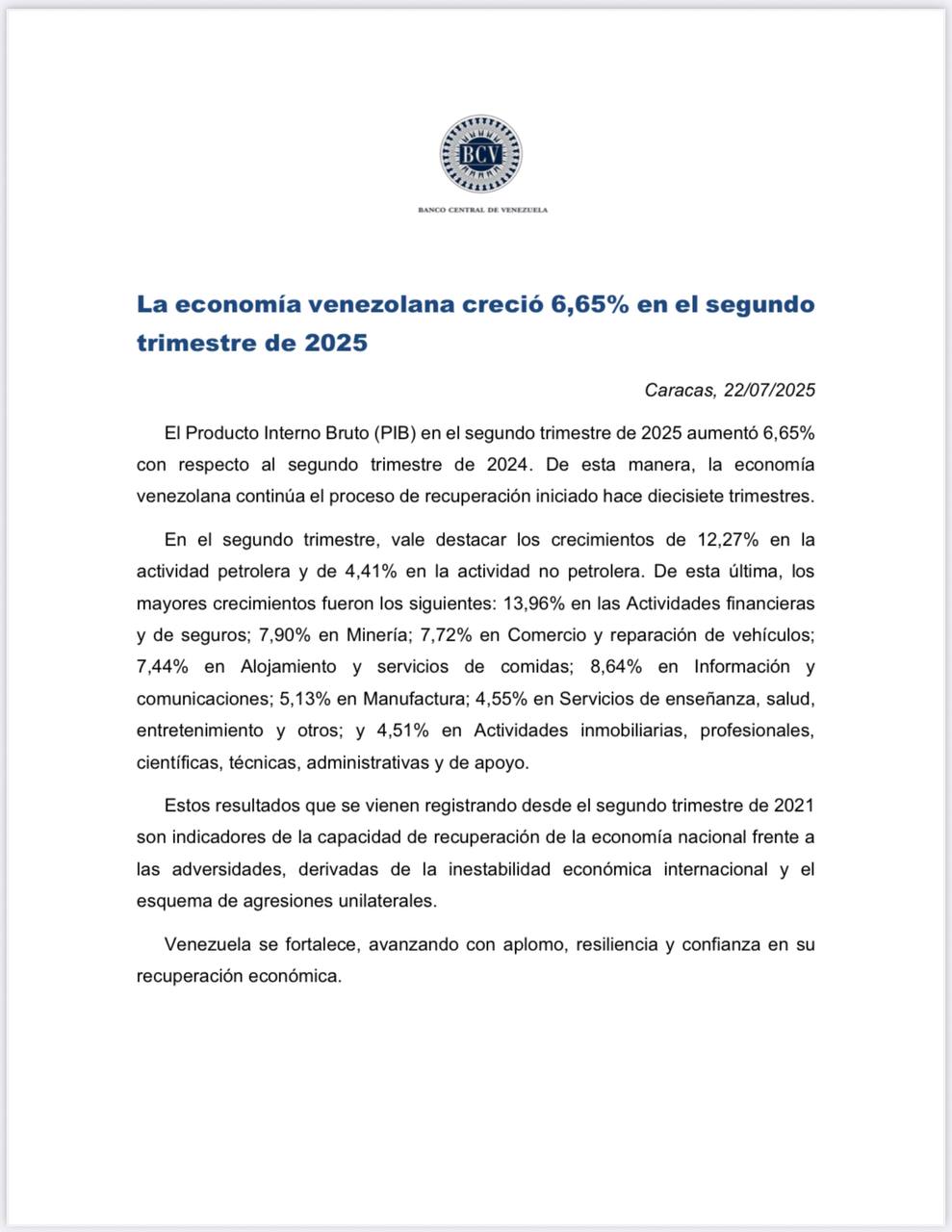 Delcy Rodríguez: PIB venezolano creció 6,6% en 2025