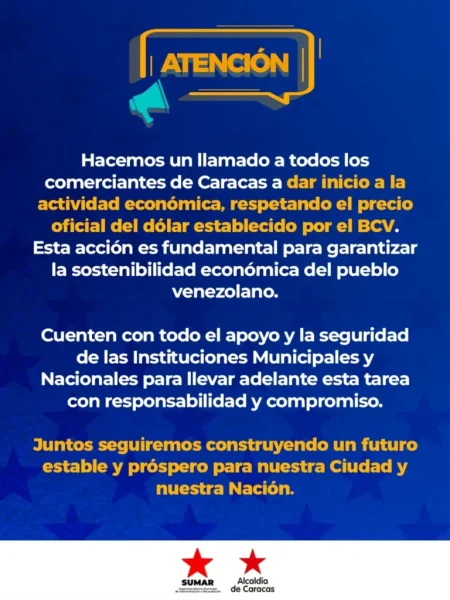 SUMAR exhorta a comerciantes de Caracas a retomar actividades económicas