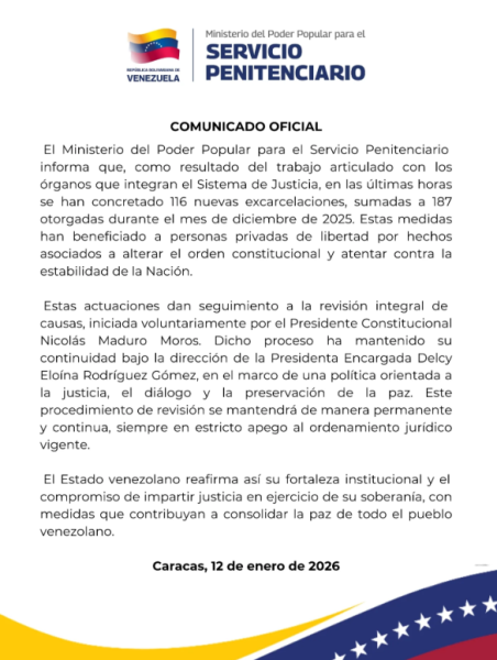 Ministerio Penitenciario anuncia la liberación de 116 ciudadanos y apuesta por el diálogo