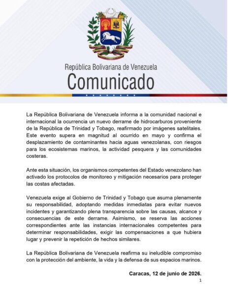 Venezuela denuncia nuevo derrame de petróleo de Trinidad y Tobago