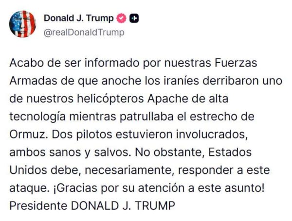 Donal Trump anuncia en su red social respuestas militares contra Irán 