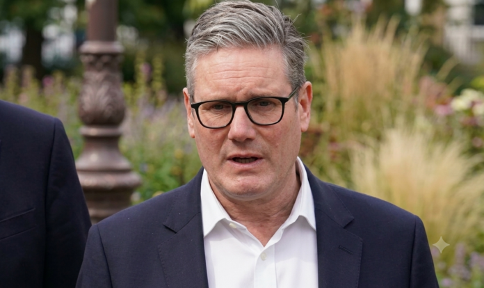 Retrato de Keir Starmer, vistiendo un traje azul oscuro y una camisa blanca de cuello abierto, con un fondo desenfocado de un jardín público.