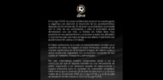 Liga FUTVE anuncia el reinicio de sus actividades y expresa su solidaridad con el pueblo venezolano