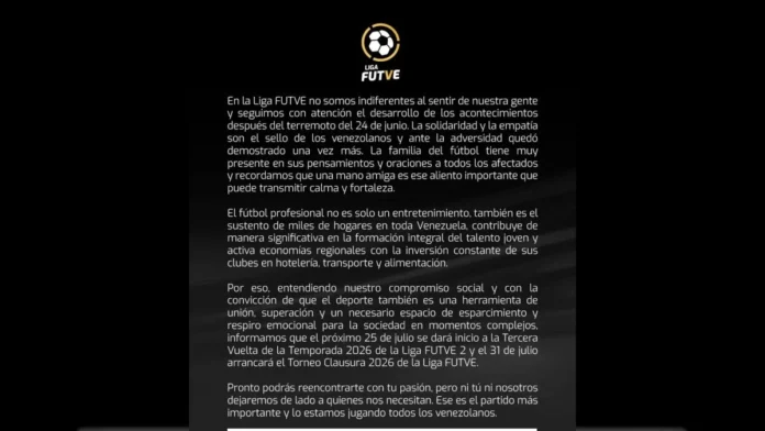 Liga FUTVE anuncia el reinicio de sus actividades y expresa su solidaridad con el pueblo venezolano