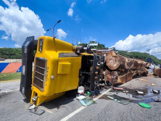 Cami&oacute;n de madera se voltea en Valencia